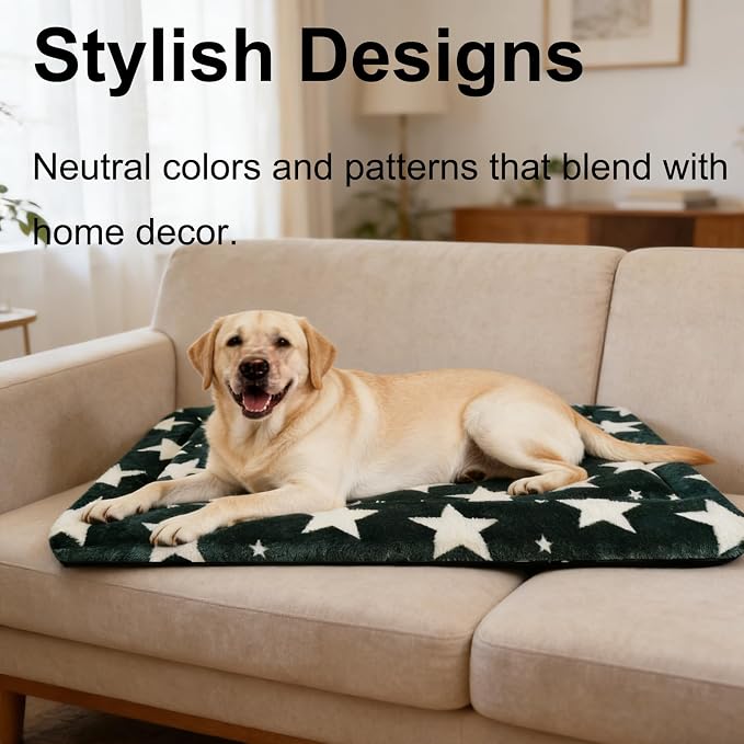 Dog Bed Mat, Reversible Crate Pad & Durable Dog Bed - Machine Washable Kennel Mat with Ultra Soft for Large Dogs (Big&Small Stars Green, 35" L*23" W*1.5" Th) - Image 3