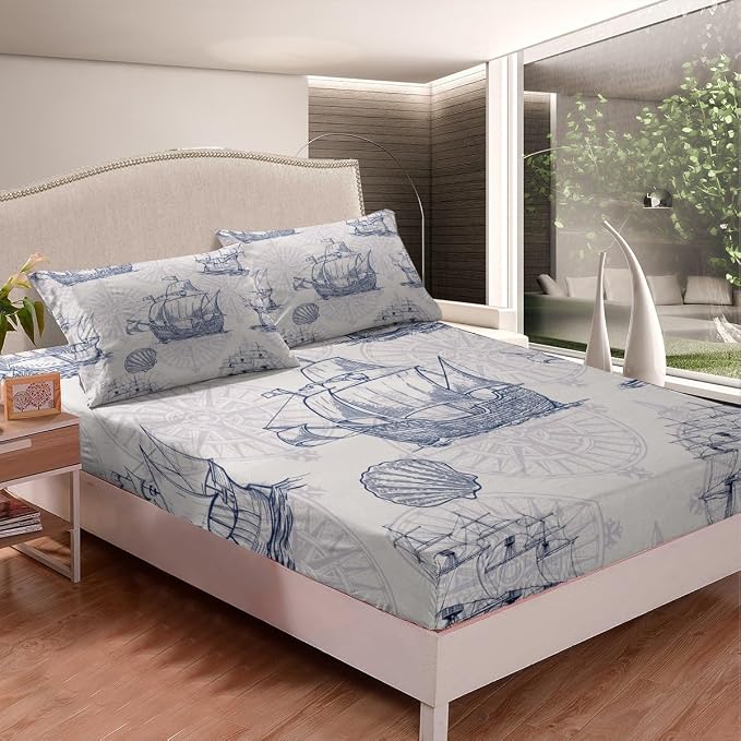 Nautical Bed Sheet Set,Ocean Beach Themed Bedding Set Twin,Blue Vintage Sailboat Sheet Set for Kids Boys Girls Bedroom Decor,Hawaiian Nature Style Ships Anchor Fitted Sheet + Flat Sheet + Pillowcase - Image 4