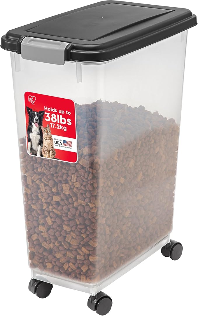 IRIS USA Airtight Dog Food Storage Container, Up to 38 lbs, Attachable Wheels, For Dog Cat Bird and Other Pet Food Storage Bin, Keep Fresh, Translucent Body, Easy Mobility, Black by IRISUSA