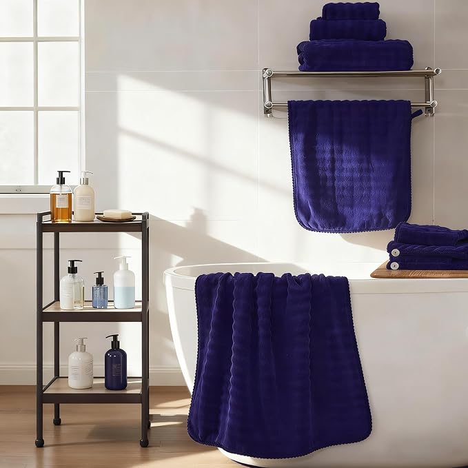 COZYART Lint Free 8Pcs Bathroom Towels Set Ultra Soft Microfiber Navy Blue | Cloud-soft, Ultra fluffy, Thick, Highly Absorbent, Quick Dry, Lint-Free Towels - Image 6