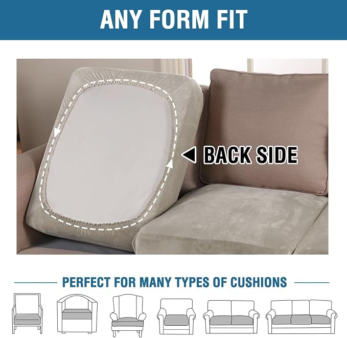 H.VERSAILTEX Velvet Stretch Couch Cushion Cover Plush Cushion Slipcover for Chair Cushion Furniture Protector Seat Cushion Sofa Cover (1 Piece Armchair Cushion Covers, Oatmeal) - Image 5