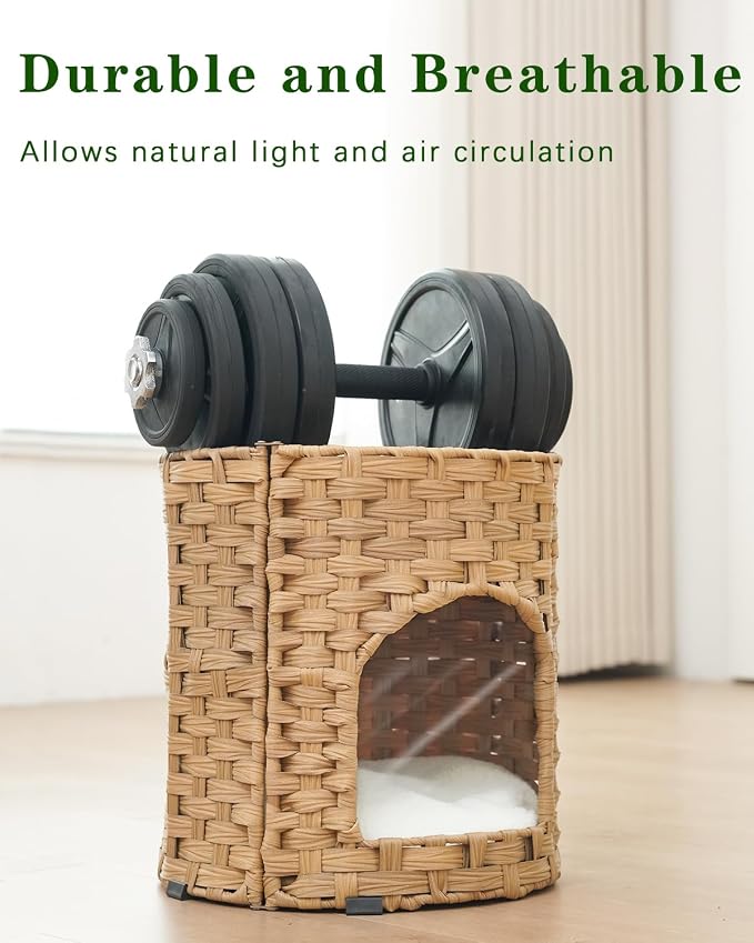SETVSON Cat House for Indoor Cat, Small Handwoven PE Rattan Kitten Cave | Two-Tier Cozy Pet Nest with One Double-Sided Pad, Waterproof Handwoven PE Rattan Basket, Easy to Clean, 13x13x13.7 In - Image 3