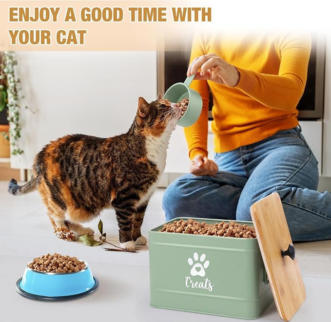 Reallnaive 2 Pcs Large Metal Cat Food Storage Containers 12+3.5 Lbs Decorative Pet Treat Snack Jars Airtight Bamboo Lids & Dry Food Scoop for Farmhouse Kitchen Counter Decor, Pet Owner Gifts(Green) - Image 4