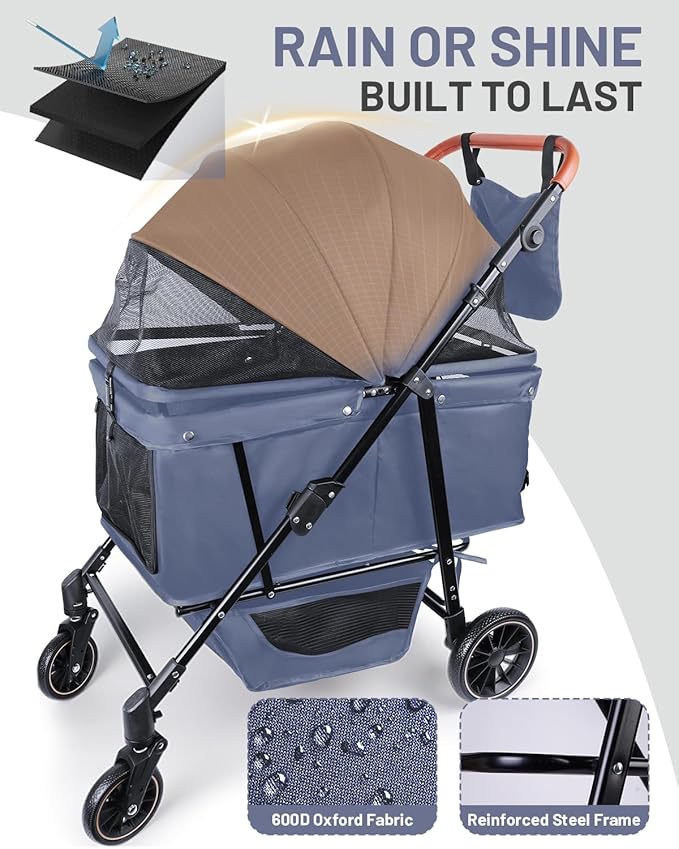 Dog Stroller for Large & Medium Dogs, Pet Stroller for 2 Small Dogs, Extra Large Heavy Duty, Foldable Design, Adjustable Handle, with Pocket, Up to 132 lbs(Navy Blue)