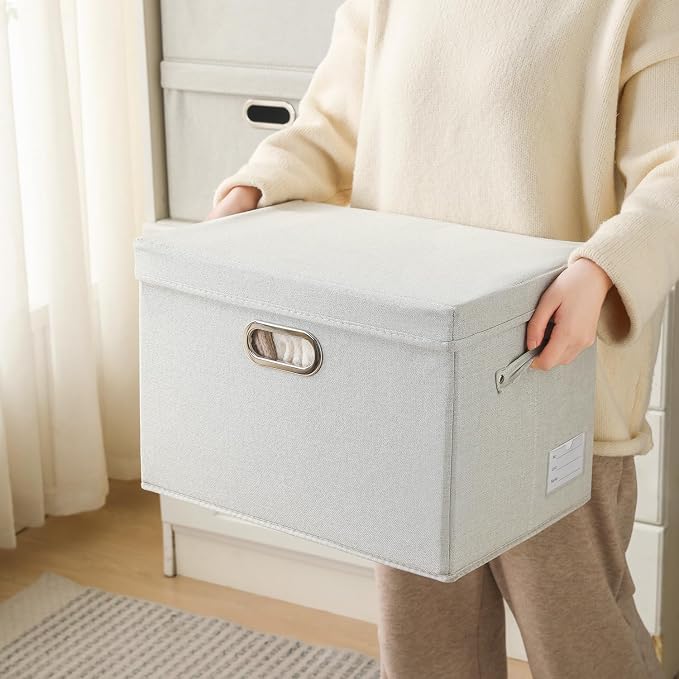 PRANDOM Large Collapsible Storage Bin with Lid [1-Pack] Fabric Foldable Storage Box Organizer Container Basket Cube with Cover for Home Bedroom Closet Office Beige (17.3x11.8x11.8) - Image 6