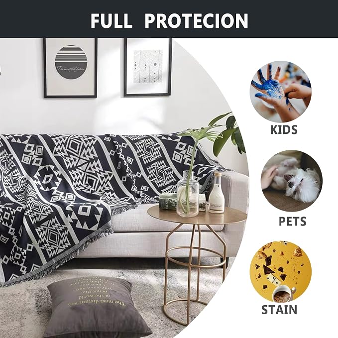 Homcosan Sofa Slipcovers Towel Reversible Cover Cotton Knit Geometrical Couch Cover for 2 Seat Cushion Blanket Sofa Cover Couch Slipcovers with Tassels Couch Protector for Pets, Kids （Large - Image 3