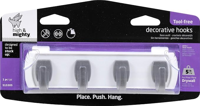 HIGH & MIGHTY 515305 Key Rail Organizer Hook Rail, Easy Tool-Free Dry Wall Installation, Holds up to 5lbs, Small, White & Silver - Image 7