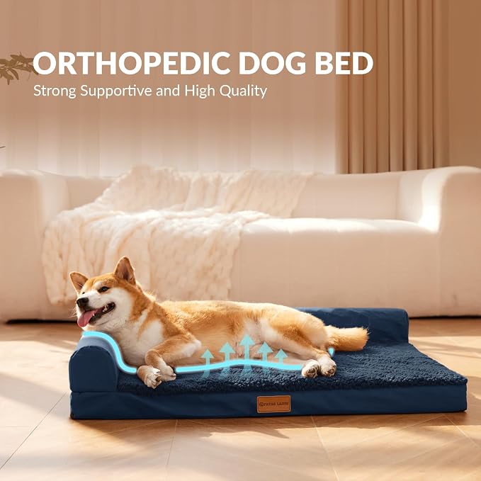 Patas Lague Orthopedic Large Dog Bed Pet Sofa Beds 56''X40''Navy Blue | L Bolster Egg-Crate Foam Dog Couch For Large Sized Dogs, Waterproof Removable Washable Cover, Pet Mat with Nonskid Bottom - Image 4