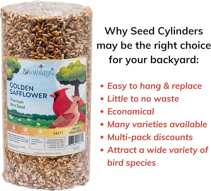 JCs Wildlife Bird Seed Cylinder with Hole Variety Pack, Premium Blends Wild Bird Food for Outside Feeders, Cardinals Woodpeckers Finches Bluebirds Chickadees, Made in the USA, Small, 6 Pack - Image 6
