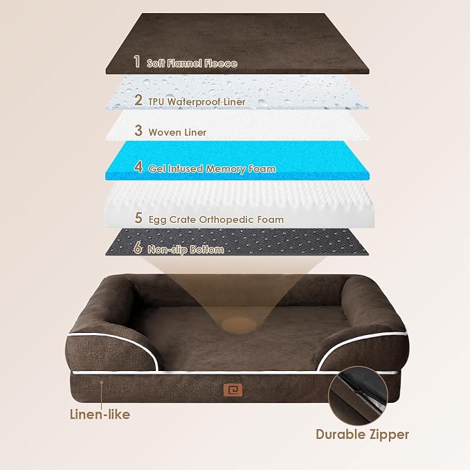 EHEYCIGA Orthopedic Dog Bed Medium Size Dog, Waterproof Washable Pet Beds | Non-Slip Bottom and Egg-Crate Memory Foam Dog Couch Bed with Washable Removable Cover, Brown - Image 4