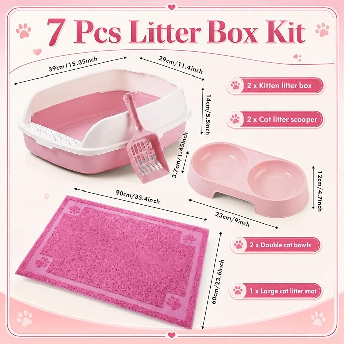 Sliner 7 Pcs Kitten Litter Box Starter Kit, 2 Plastic Small Kitty Litter Box Training Low Entry with Scoop, 2 Double Cat Bowl and Mat for Kitten Indoor (Pink) - Image 2