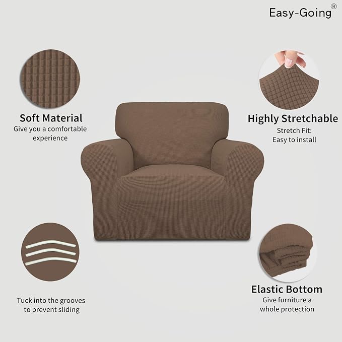 Easy-Going Stretch Chair Slipcover with Arm Washable Brown | 1-Piece Couch Sofa Cover Furniture Protector for Living Room Soft with Bottom For Kids, Pet. Spandex Jacquard - Image 3