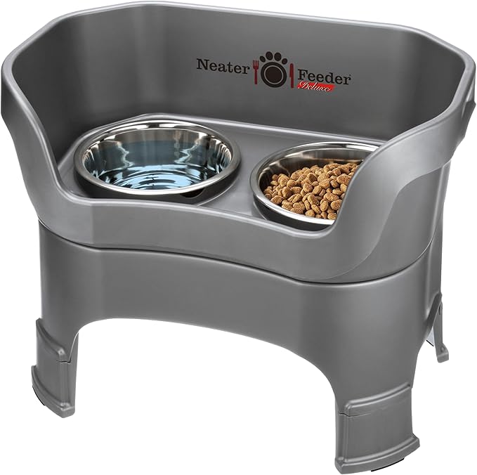 Neater Feeder Deluxe Mess-Proof Elevated Dog Bowls for Large Dogs (40+ lbs), 2 Height Adjustable (14.5” & 17.5”) No-Spill Raised Dog Bowl Stand, Stainless Steel Food Bowl Set, Made in USA, Gunmetal by NeaterPetBrands