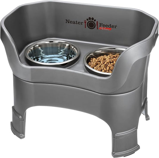 Neater Feeder Deluxe Mess-Proof Elevated Dog Bowls for Large Dogs (40+ lbs), 2 Height Adjustable (14.5” & 17.5”) No-Spill Raised Dog Bowl Stand, Stainless Steel Food Bowl Set, Made in USA, Gunmetal by NeaterPetBrands
