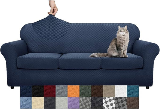 YEMYHOM Latest Checkered 4 Pieces Couch Covers for 3 Cushion Couch High Stretch Thickened Sofa Cover for Dogs Anti Slip Elastic Slipcovers Living Room Furniture Protector (Navy), 91"-110"(3 Cushions) by YEMYHOM
