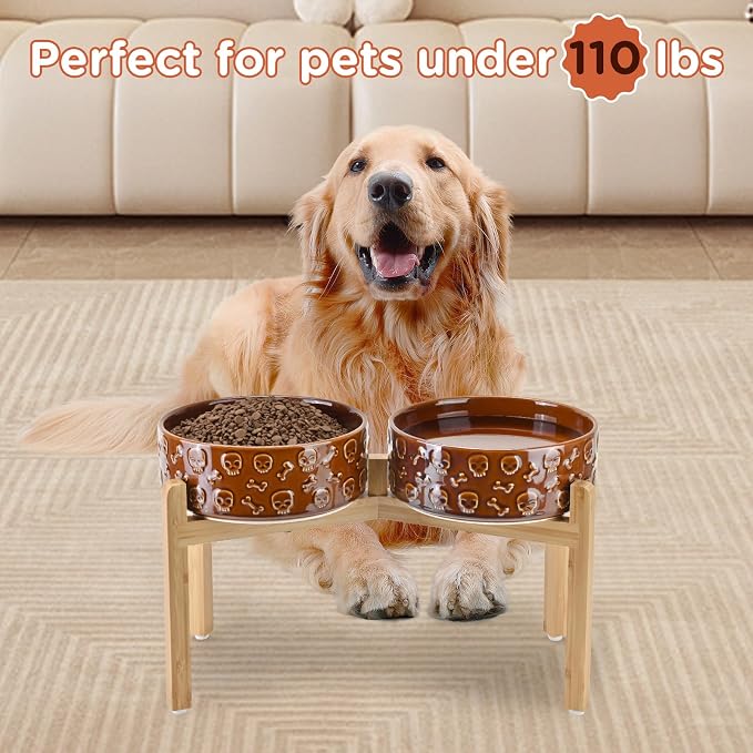 SPUNKYJUNKY Elevated Dog Bowls Ceramic, 8.3'' Dogs Food Water Bowls Raised with Non-Slip Bamboo Stand for Large Sized Breed Microwave Dishwasher Safe - 60 OZ,Skull Bronze - Image 7