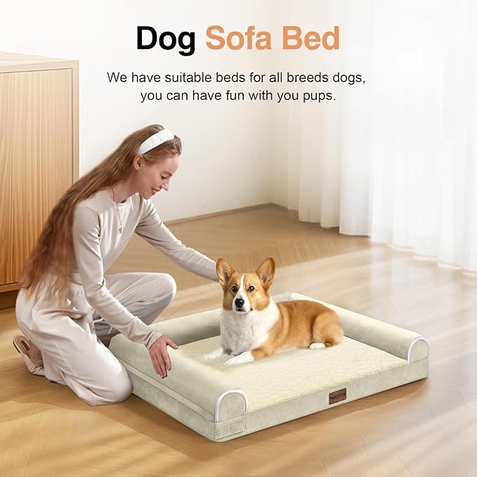 NANUYA Orthopedic Dog Bed for Small Dogs, 24 x 16 Inch, Beige | Egg crate foam for joint support, 3-sided bolster pet sofa, waterproof lining, washable cover, and non-skid base - Image 3