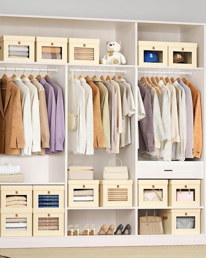 Homsorout Storage Bins with Lid – Closet Organizer with Side Opening and Clear Window, Foldable Stackable Fabric Basket for Clothes, Home, Office - 13.77" x 11.8" x 9.8", 6 Pack, Beige - Image 3