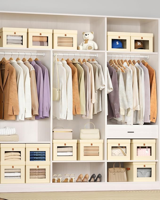 Homsorout Storage Bins with Lid – Closet Organizer with Side Opening and Clear Window, Foldable Stackable Fabric Basket for Clothes, Home, Office - 13.77" x 11.8" x 9.8", 4 Pack, Beige - Image 3