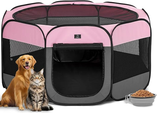 Portable Indoor Dog Playpen for Small Dogs & Puppies by A 4 Pet – 50.39" Pop-Up Soft Puppy Playpens with Bowl, Waterproof Floor, Calm Safe Space for Home, Travel & Daily Use