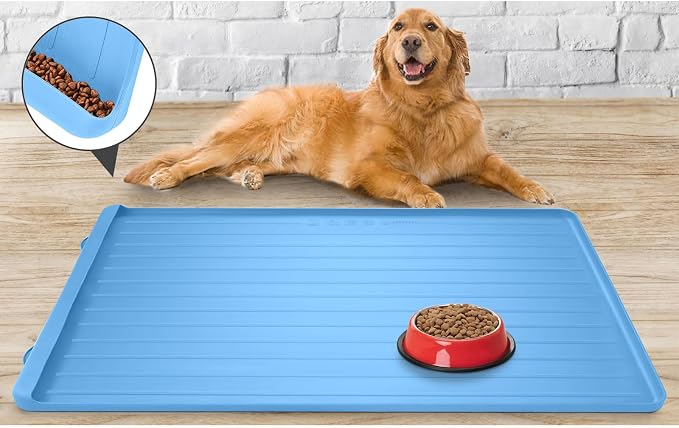 Pet Mats for Food and Water - 39.4" x 27" Thickened Large Dog Food Mat | Waterproof Pet Bowl Mat with Residue Collection Pocket and High Edges to Prevent Water and Food Spills - Blue - Image 7