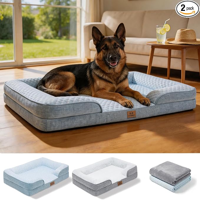 Orthopedic Extra Large Dog Bed with 2 Pack Removable Washable Covers - Soft Plush & Cooling Surface, Waterproof Dog Bed 44 Inch Pet Bed with Egg-Crate Foam and Non-Skid Bottom by PTHMKJ
