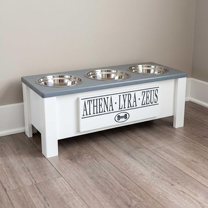 3 Bowl Dog Feeding Station, Personalized Triple Bowl Food Stand Medium Dogs | Farmhouse Style, Elevated Wood Stand, Storage Container, Stainless Steel Bowls, Raised Anti-Slip Feeder, Made in USA - Image 3