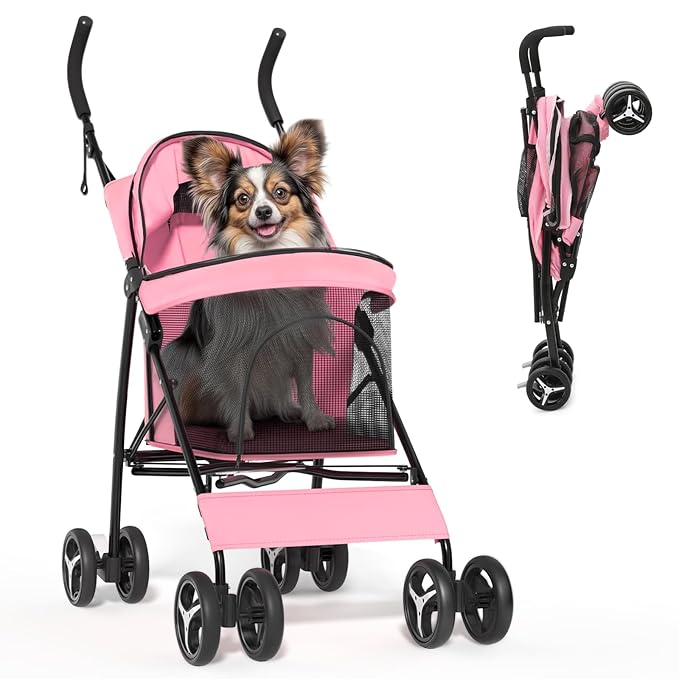 Magshion Compact Pet Stroller for Small-Medium Dogs/Cats up to 22lbs, 4-Wheel Lightweight Umbrella Shaped Portable Puppy Travel Jogger with Breathable Mesh & Rear Storage, Pink