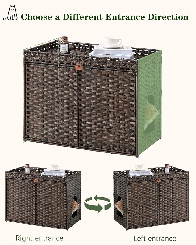 SETVSON Cat Litter Box Enclosure Furniture, Handwoven Rattan Hidden Litter Box with Mat, Large Space Cat House with 2 S-Shaped Hooks, 30.3 x 18.3 x 24.4 Inches, Indoor for Living Room Apartment Brown - Image 6