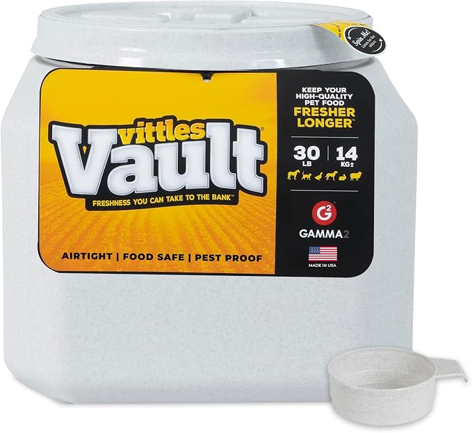 Vittles Vault Traditional Pet Food Storage Container For Dog Kibbles/Bird Seed/Oatmeal/Rice/Flour/Cereal, BPA Free Plastic, Sealed Airtight For Cat Food, Up To 30 lb, Made in USA, With Scoop, Gray by Gamma2