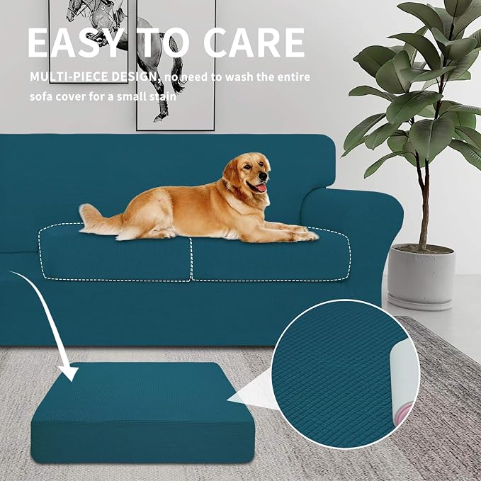 Easy-Going 4 Pieces Stretch Couch Cover Oversized Sofa Cover for Dogs Washable Sofa Slipcover for 3 Separate Cushion Couch Elastic Furniture Protector for Pets, Kids (Peacock Blue, Oversized Sofa) - Image 3