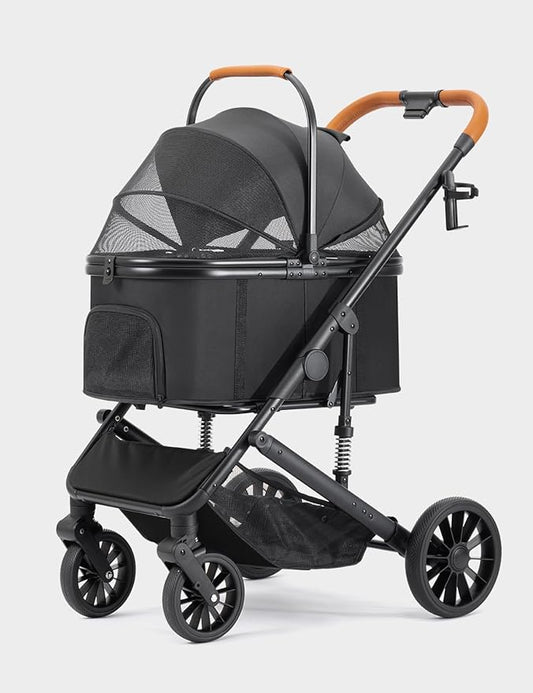 Dog Stroller for Small Medium Dogs Up to 60lbs, 4 Wheels Folding Pet Stroller with Detachable Carrier, Pet Travel Carrier for 2 Dogs & Cats, Storage Basket, Breathable Mesh, Cup Holder, Black