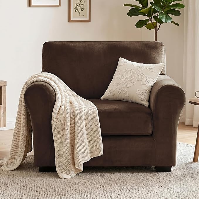 XINEAGE 2-Piece Velvet Armchair Sofa Cover,Couch Covers for Dog,Dark Coffee | 1 Cushion Chair,Stretch Non-slip Elastic, Pet-friendly, Washable, Fast Setup, Soft Plush Fabric, Furniture Protector. - Image 4