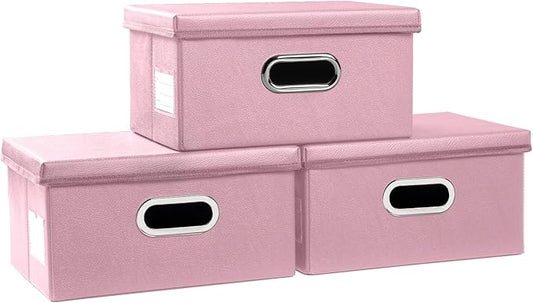 PRANDOM Collapsible Storage Box with Lid [3-Pack] Leather Fabric Foldable Storage Bin Organizer Container Basket Cube with Cover for Home Bedroom Closet Office Nursery Pink(13.6x9.6x6.9) by Prandom