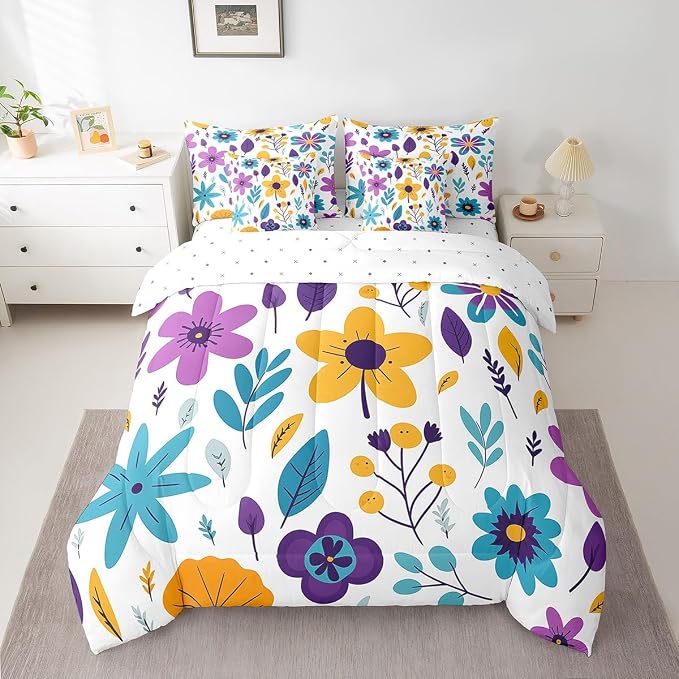 Feelyou Cute Flower Comforter Set with Sheets Full Cute Flower Floral 7 Piece Bedding Set for Kids Girls Teens Toddler Cartoon Floral Bed in a Bag Yellow Purple Bed Set by Feelyou