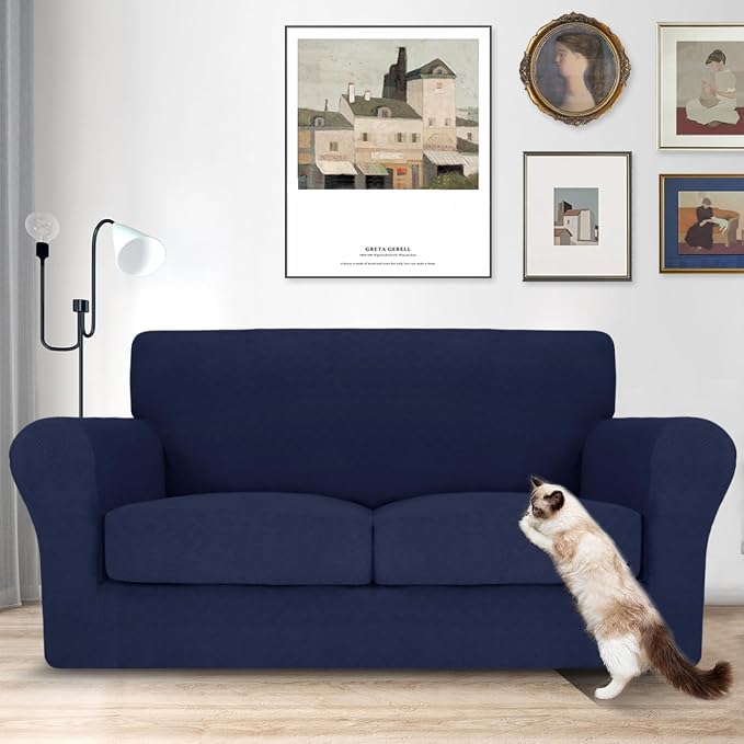 MAXIJIN 3 Piece Couch Covers for 2 Cushion Couch loveseat Cover, Stretch Love Seat Sofa Slipcovers for Dogs Pet, Thick Furniture Protector with 2 Seat Cushion (55"-69", Navy Blue) - Image 2