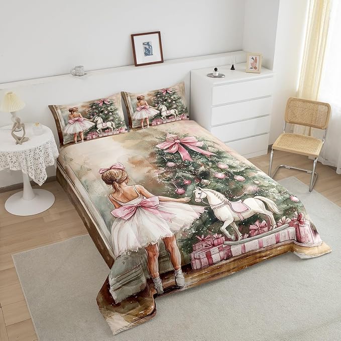 Manfei Ballet Girl Xmas Comforter Set King Size,Christmas Pine Tree Jungle Bell Romantic Bedding Set for Adults Room,Princess Style Unicorn Pink Bowknot Down Comforter,3 Pcs 2 Pillowcases - Image 2