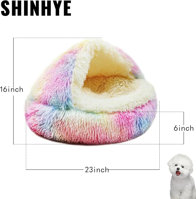 ShinHye Cat Bed Round Plush Fluffy Hooded Cat Bed Cave, Cozy for Indoor Cats or Small Dog beds, Soothing Pet Beds Doughnut Calm Anti-nxiety Dog Bed - Waterproof Bottom Washable (23×23inch, Multicolor) - Image 2