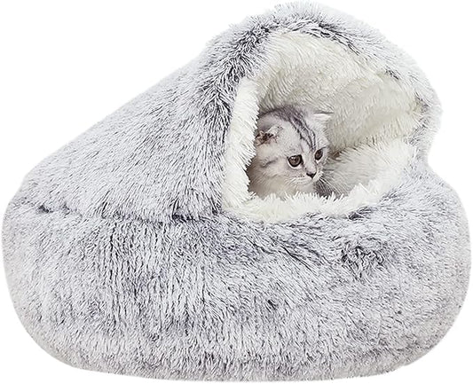 YUDANSI Cat Bed Hooded for Indoor Cats, Dog Bed with Large Covered Hood for Small Dogs Cats Puppy Kitty, Anti Anxiety Donut Cuddler, Anti Slip Plush Faux Fur Enclosed Pet Nest (Washable)(Gray-20inch) by YUDANSI