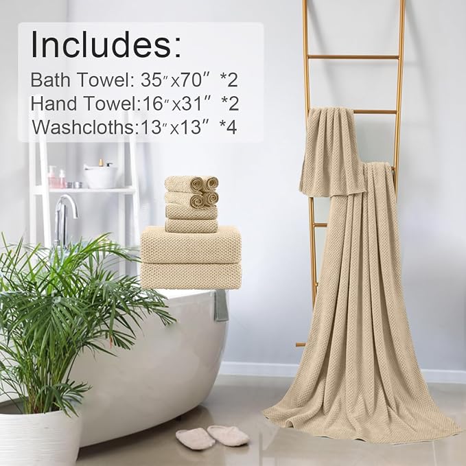 8-Piece Beige Bath Towels Set,2 Oversized Large Bath Towels Sheet,2 Hand Towels and 4 Washcloths - 600 GSM Soft Luxury Towel Set,Highly Absorbent Quick Dry Towel Collection for Bathroom,Hotel and Spa - Image 6