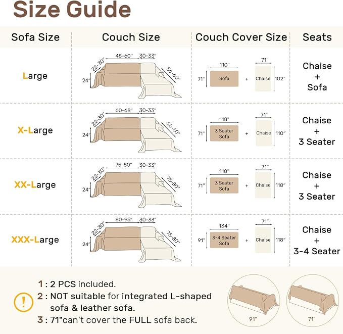 2 Pieces Sectional Couch Covers L Shaped Cover XXL Cream White | Thick Washable Fabric for L Shaped Sectional Sofa, Anti-Pet Hair, Stain & Wear Resistant, Easy Care & Installation - Image 2