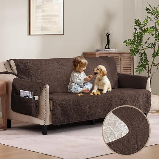 Soft Couch Cover with Pockets for Extra-Large Sofa, Medallion Quilted Design Couch Covers for 3 Cushion Sofa, Oversized Sofa Covers Washable Water-Repellent (X-Large Sofa 78", Chocolate) by Pamhaven
