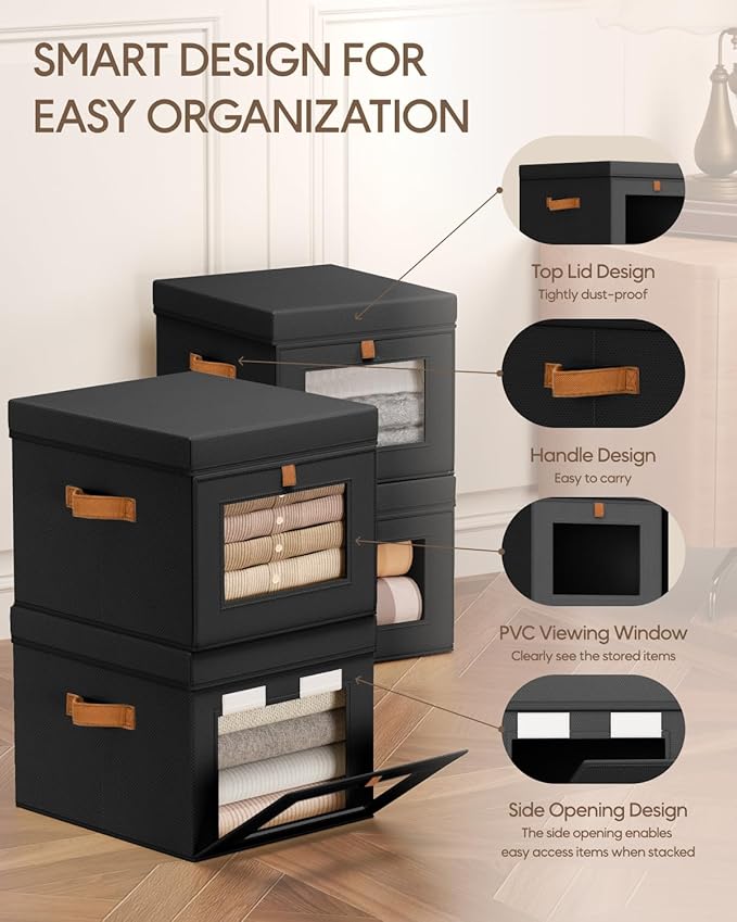Homsorout Storage Bins with Lid – Closet Organizer with Side Opening and Clear Window, Foldable Stackable Fabric Basket for Clothes, Home, Office - 13.77" x 11.8" x 9.8", 3 Pack, Black - Image 2