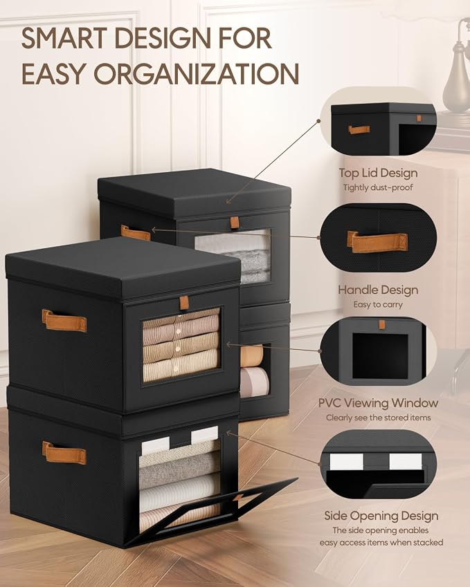 Homsorout Storage Bins with Lid – Closet Organizer with Side Opening and Clear Window, Foldable Stackable Fabric Basket for Clothes, Home, Office - 13.77" x 11.8" x 9.8", 5 Pack, Black - Image 2