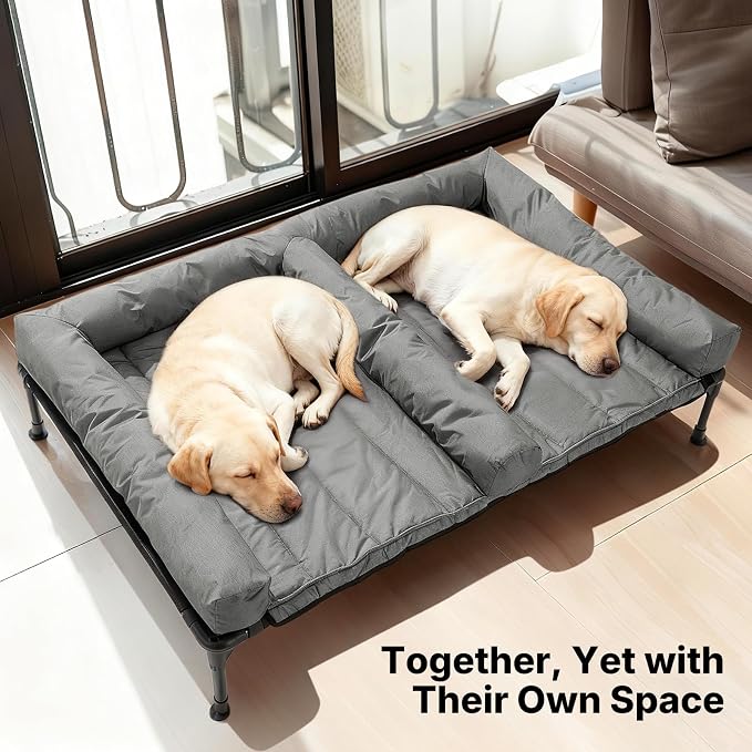 Veehoo Elevated Dog Bed for Two Dogs, Cooling Raised Dog Bed with Removable Waterproof Bolster Mat, 59" x 37.5" Double Dog Bed, Outdoor & Indoor Pet Cot with Breathable Mesh, Non-Slip Feet, Grey - Image 2