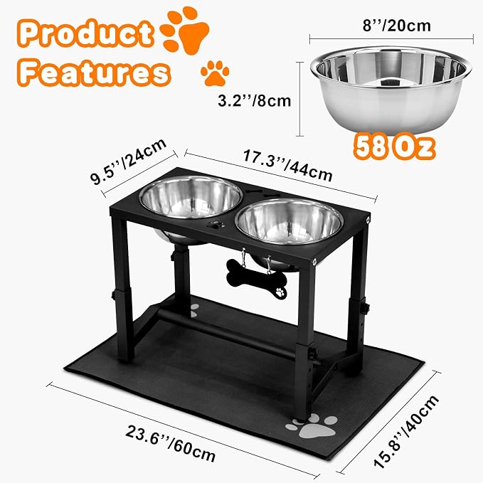 Elevated Dog Bowls, 4 Height Adjustable Metal Raised Bowl Stand with 2 Thick Stainless Steel Food Bowls & Spill-Proof Mat, Adjusts to 13.6'', 12.2'', 10.9'', 9.5'' for Large/Medium Breeds. Black - Image 5