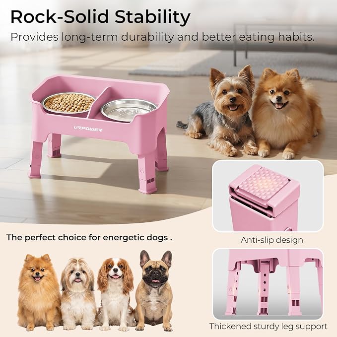 URPOWER Mess Proof Elevated Dog Bowls for Small Dogs with Splash Guard | 4 Height Adjustable Raised Stand with 2 Stainless Steel Food Bowls & Licking Plate for Small, Medium & Large Dogs - Image 6