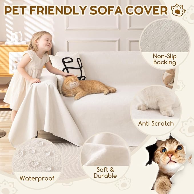 OstepDecor Waterproof Couch Covers for Pets, Couch Protector from Cat Claws | Washable Sofa Cover for Dogs, Non Slip Furniture Protector for Sofas, Loveseats & Sectionals, 71"x102", White - Image 3