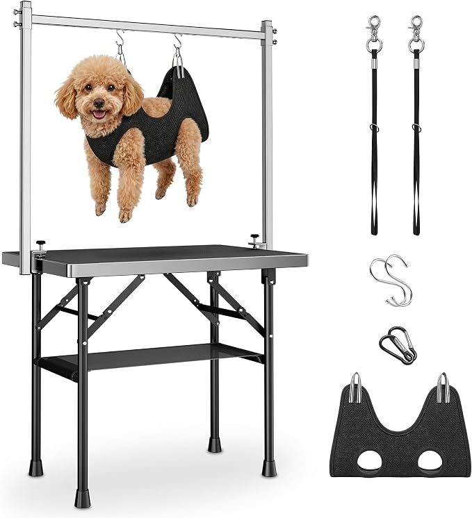 pickpiff Dog Grooming Table with Arm, 35.5" L×23.6" W x 30" H Foldable Heavy Duty Pet Grooming Station with Adjustable 33.5" Height Arm, Hammock & Nooses, Tray, Non-Slip Waterproof Tabletop by pickpiff