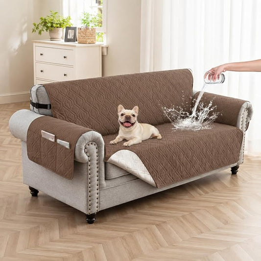 100% Waterproof Quilted Couch Cover,Straps&Pockets,68" Darkbrown | Washable sofa cover, pet-friendly, scratch-resistant furniture protector, quilted sofa cover, reversible, non-slip backing. by Unknown